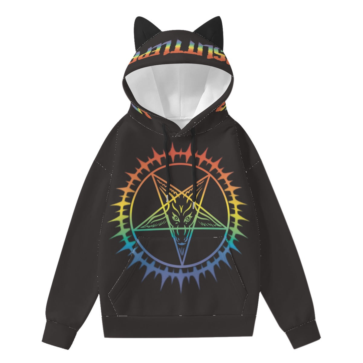 Front Satanic Pride Hoodie With Ears Rainbow Baphomet Design