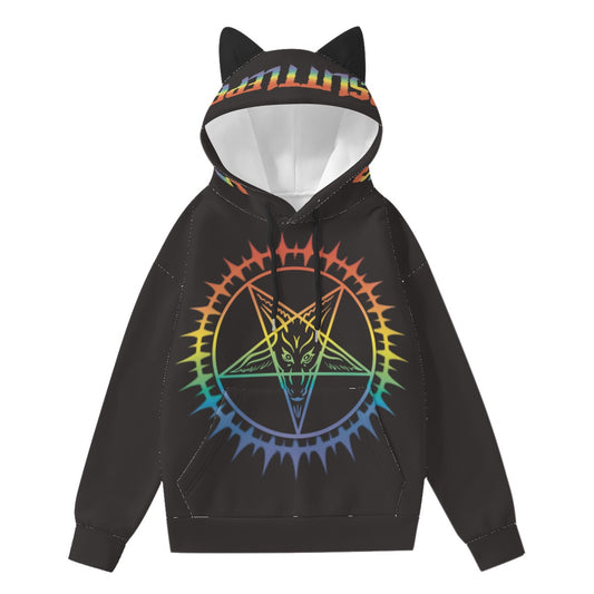 Front Satanic Pride Hoodie With Ears Rainbow Baphomet Design